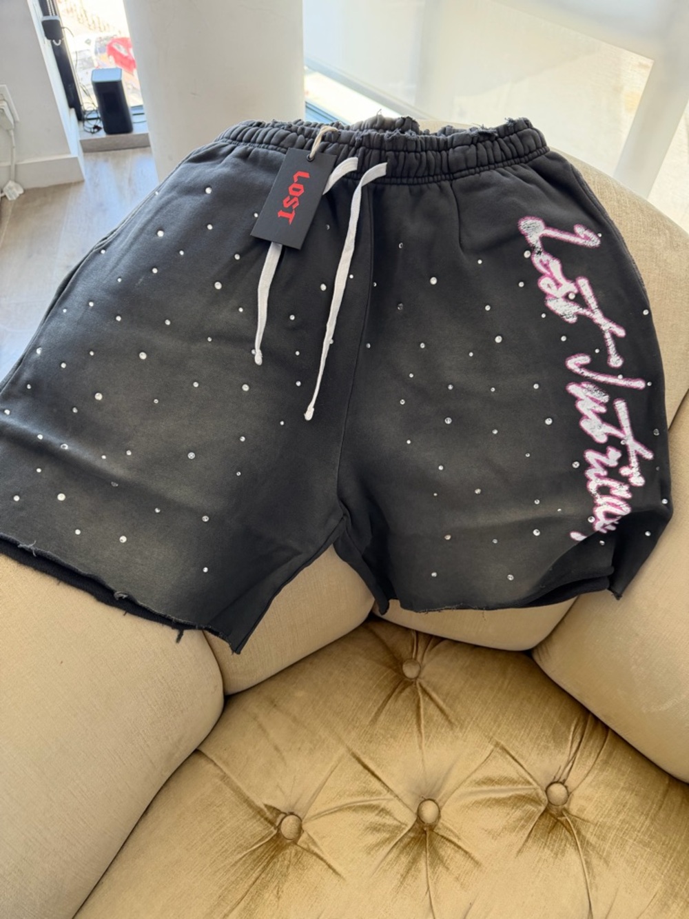 LOST Men's Black Flat-Front Shorts with Pink Script & Stud Detail